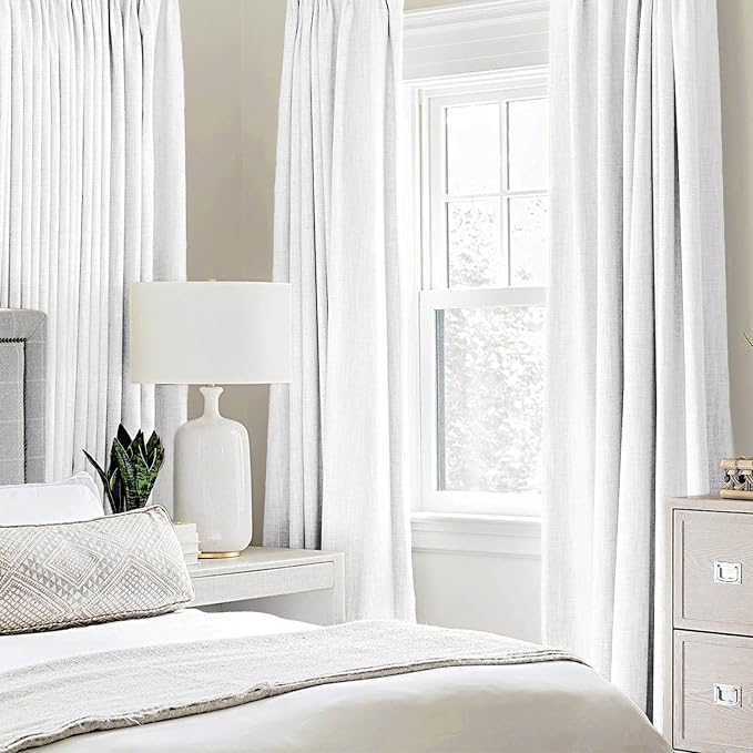 MIULEE Linen Textured Curtains Solid 100% Blackout for Bedroom Thermal Insulated Bright White Grommet Room Darkening Curtains & Drapes Luxury Decor for Living Room 52 x 72 Inch (2 Panels)