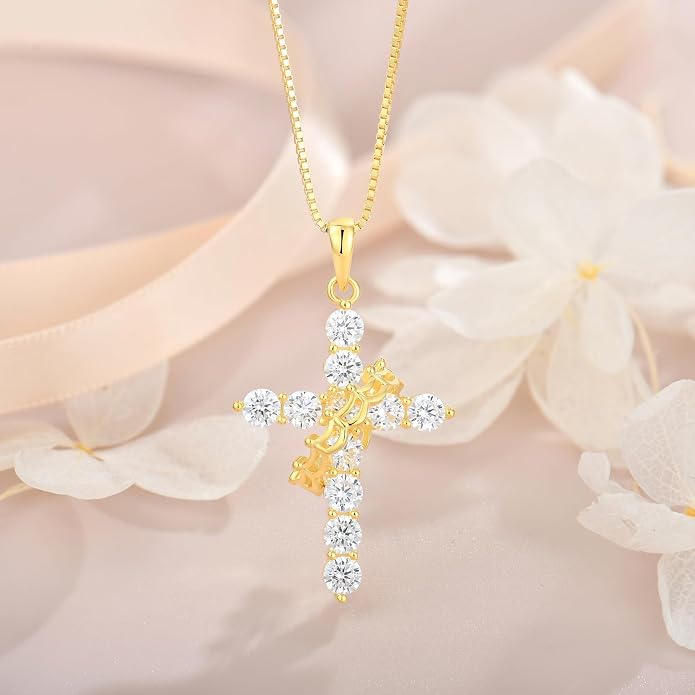 Rotated Crown Cross Necklaces for Women, 925 Sterling Silver Round Cut Zircon Neckalce Pendant With Ring Birthstones Jewelry for Her