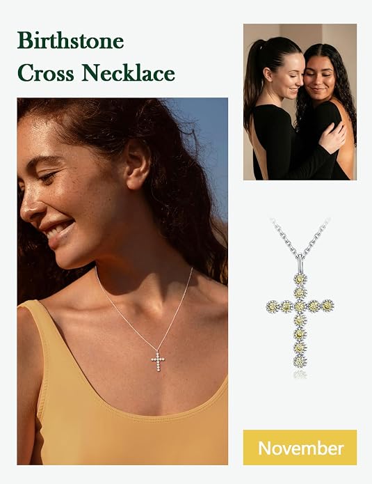 Sterling Silver Cross Necklace for Women Birthstone Religious Jewelry