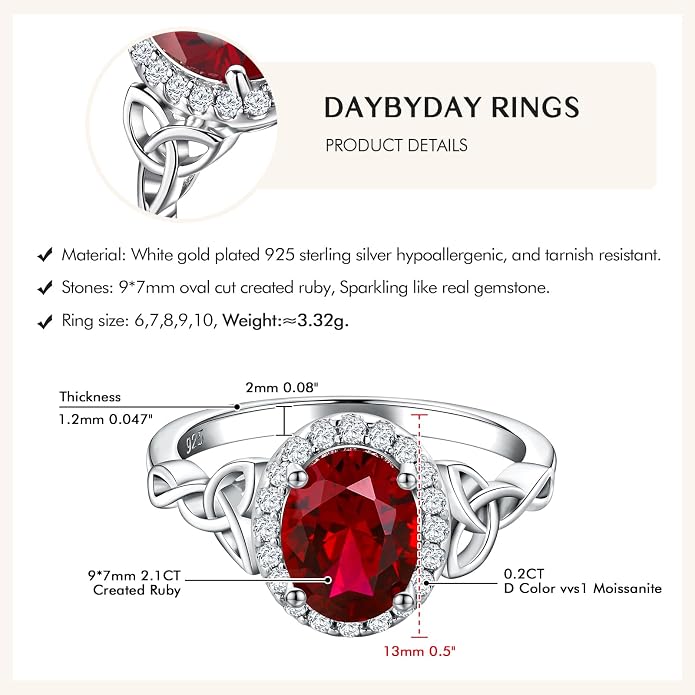 DAYBYDAY Celtic Birthstone Rings for Women 925 Sterling Silver Heart/Round/Pear/Oval Created Gemstone Moissanite Halo Engagement Promise Rings for Her Wife Birthday Anniversary Wedding Jewelry