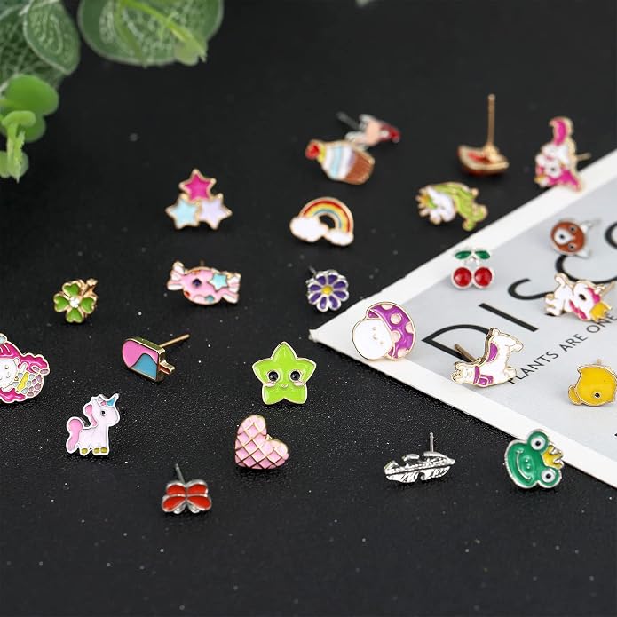 NEWITIN 100 Pairs Colorful Cute Earrings for Girls Sensitive Ears Hypoallergenic Girl Stud Earrings Set Stainless Steel Cartoon Stud for Girls and Women