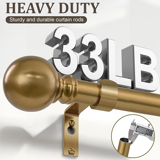 Warm Gold Curtain Rods for Windows 72-144 Inch Brass Extra Long Heavy Duty | Adjustable single 1" Diameter with vintage Brushed Bronze Metal Finials Antique for Living Room Bedroom Farmhouse Kitchen