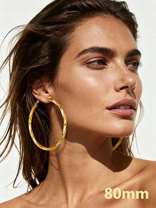 Bestyle 5mm Thick Gold Hoop Earrings Hypoallergenic Hoops for Sensitive Ears Trendy Lightweight Chunky Earrings for Women 30/40/60/80mm