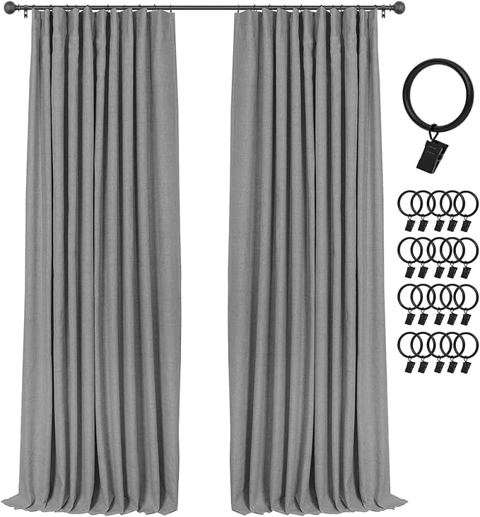 INOVADAY 100% Blackout Curtains for Bedroom, Dark Grey Black Out Curtains 102 Inch Long, Clip Rings Linen Blackout Drapes, Thermal Insulated Room Darkening for Living Room, 2 Panels - W50xL102