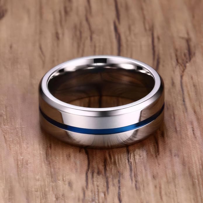 MMTTAO Men's Titanium Ring Wedding Bands for Men Women 6MM 8MM 10MM Black/Blue/Silver Engagement Band Wedding Rings Beveled Edge Brushed Matte Finished & Polished Grooved Center Comfort Fit Size 6-13