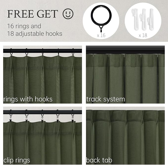 Topfinel 102 Inch Pinch Pleated Linen Curtains 1 Panels,Olive Green Semi Sheer Curtains with Pleated Hooks Back Tab for Track System,Extra Long 9ft Curtain for Living Room Bedroom,60x102