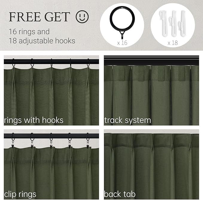 Topfinel Olive Green Pinch Pleated Curtains 108 Inch Length 1 Panels for Bedroom Living Room Textured Semi Sheer Window Curtain Boho Neutral Back Tab Pinch Pleat Drape with Hooks 108 Inches Long