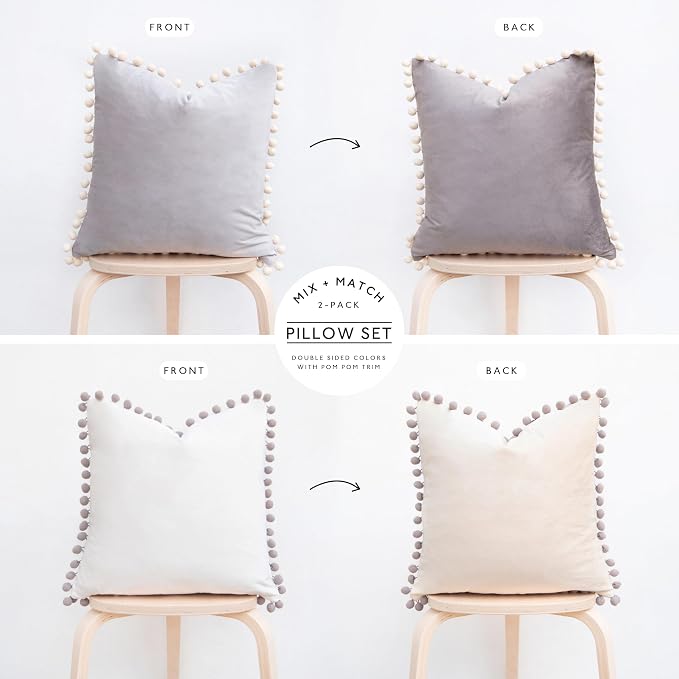 MONDAY MOOSE Decorative Throw Pillow Covers Cushion Cases, Set of 2 Soft Velvet Pom Poms Double-Sided Designs, Pillow Inserts Not Included (18x18 inch, Stone Gray/Beige Cream)