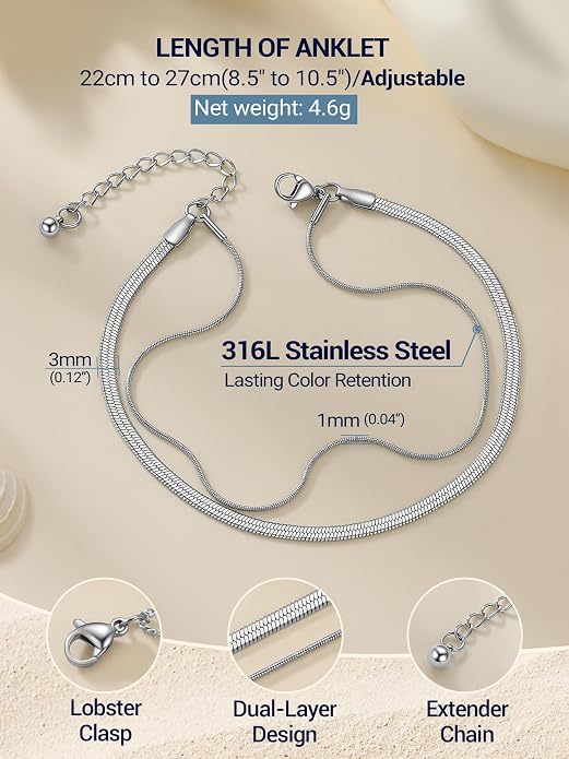 PROSTEEL Ankle Bracelets for Women Waterproof, Layered Stainless Steel Summer Beach anklets, Silver/Gold 8-10.5 Inch Adjustable, Come with Box
