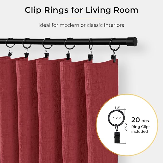 INOVADAY 100% Blackout Curtains for Bedroom, Ruby Red Black Out Curtains 96 Inch Long, Clip Rings Linen Blackout Drapes, Thermal Insulated Room Darkening for Living Room, 2 Panels - W50xL96