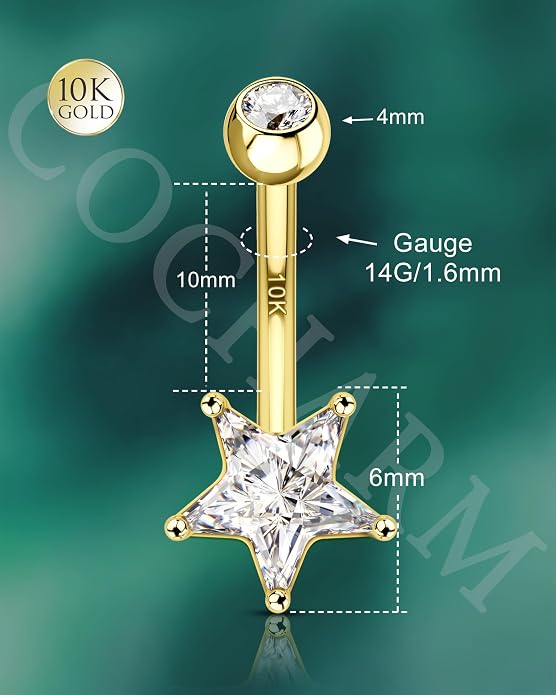 COCHARM 10K Gold Belly Button Rings, 10K Star Gold Belly Rings for Women, 10K Gold Belly Navel Piercing Jewelry