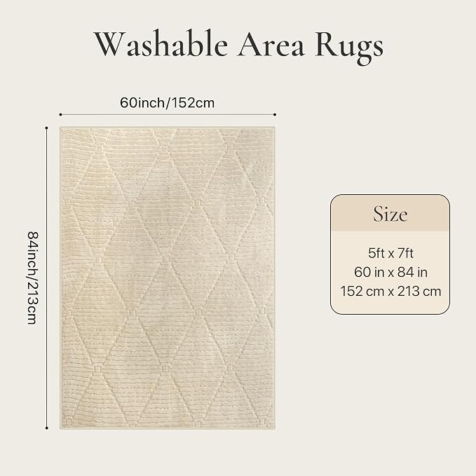 GENIMO Soft Washable Area Rugs 5x7, 3D Modern Diamond Design Rugs for Living Room, High-Low Pile Textured Non Slip Fuzzy Shag Carpet, Non-Shedding Stain Resistant Beige Carpet for Bedroom, Dining Room