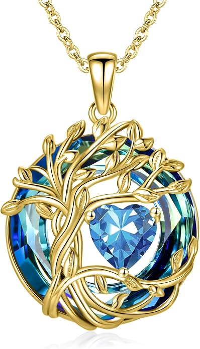 TOUPOP Tree of Life Birthstone Necklace Sterling Silver Pendant Birthstone Necklaces with Blue Crystal Anniversary Birthday Jewelry for Women Mom Wife Her
