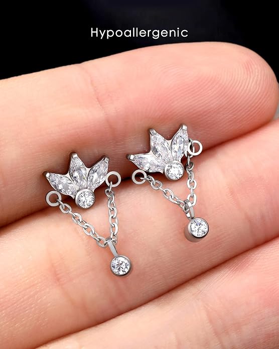 COCHARM G23 Titanium Hanging Helix Earring 16g Flat Back Flower Top Helix Piercing Jewelry 6mm Hypoallergenic Dangly Cartilage Jewelry