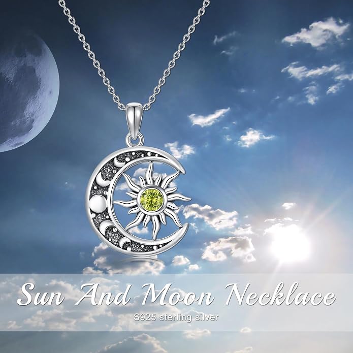 Sun and Moon Necklace 925 Sterling Silver Sun Moon Pendant Gemstone Jewelry Gifts for Women