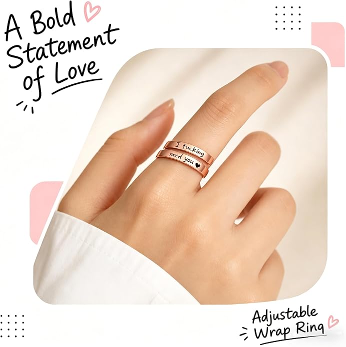 I Fcking Love You Ring, Stainless Steel Engraved Inspirational Words Heart Open Adults Women Vintage Promise Rings Lover Wife Jewelry