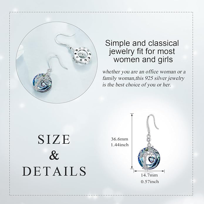 POPLYKE Tree of Life Birthstone Earrings 925 Sterling Silver Dainty Gemstone Birthstone Dangle Drop Earring with Crystal Fine Jewelry Birthday Gifts for Women Her