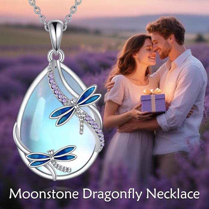 KQF Dragonfly/Butterlfy/Cat/Jellyfish/Bunny/Axolotl/Bee/Mermaid/Hummingbird/Elephant Necklace for Women Sterling Silver Moonstone Pendant Necklace Dragonfly Jewelry Gifts for Women