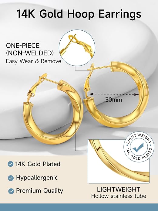 Stainless Steel Chunky Hoop Earrings For Women, Minimalist and Chic, Black/Gold Plated, Round Hoops Earrings Hypoallergenic, Size: 30mm/40mm/60mm/80mm, Come with Box