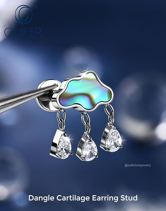 OUFER Body Piercing Titanium Cloud Helix Piercing Jewelry 16G Dangle Helix Earrings for Women Internally Thread Conch Helix Stud Flat Back Cartilage Earring Studs Surgical Steel Cartilage Jewelry