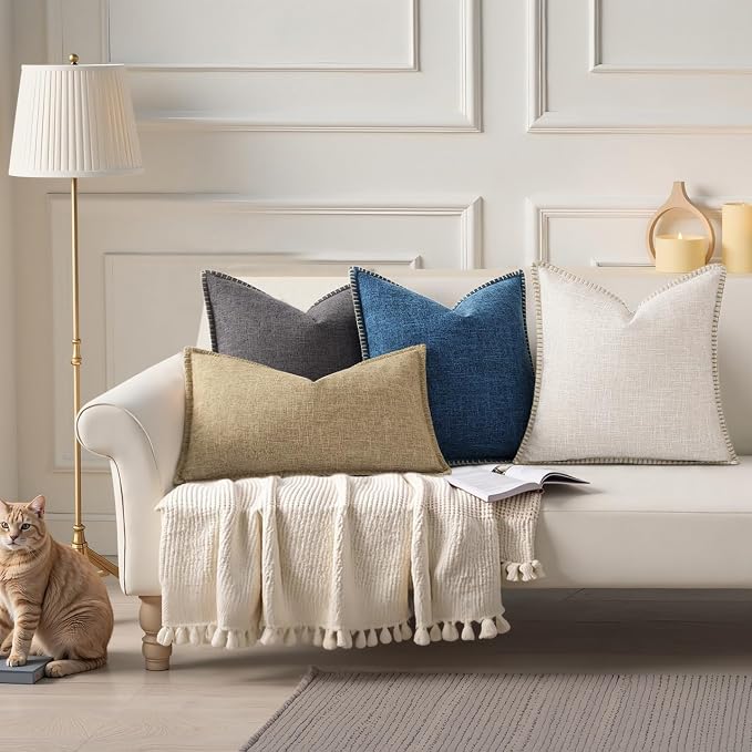 decorUhome Beige Faux Linen Outdoor Throw Pillow Covers 18x18 Set of 2 | Fall Decorative Textured Neutral Modern Farmhouse Pillow Covers with Stitched Edge for Couch Sofa Bed Living Room