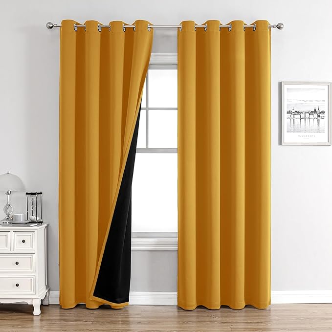 ChrisDowa 100% Blackout Curtains for Bedroom 84 Inches Long 2 Panels Set | 2 Thick Layers Total Light Blocking Thermal Insulated Grommet Window Curtains for Living Room, Mustard Yellow, 52 x 84 Inch