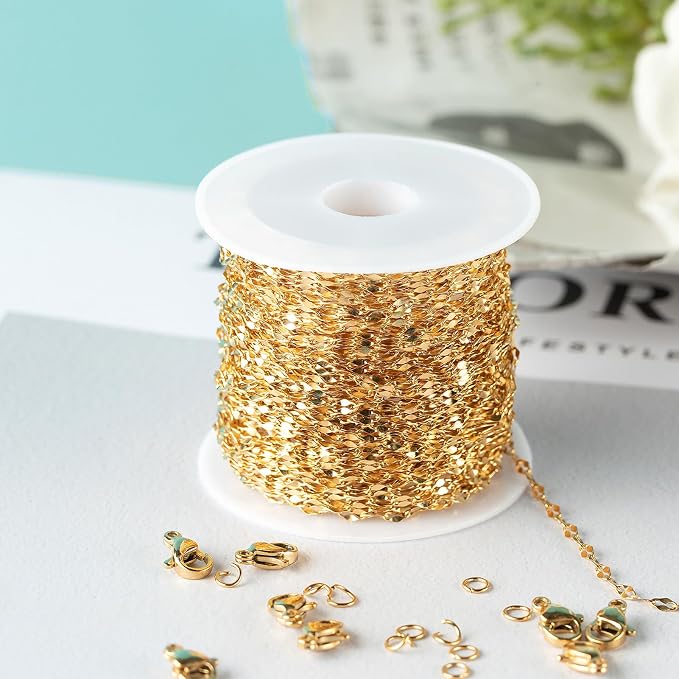 Kyutong 32.8 Feet Thin Stainless Steel Lip Chain Roll Gold Chain for Jewelry Making for Necklace Choker Bracelet DIY Jewelry Craft Supplies