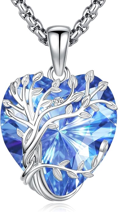Eusense Tree of Life Necklace for Women White Gold Plated Copper Moonstone/Turquoise/Black Onyx/Crystal Birthstone Pendant Jewelry Gifts for Women Men