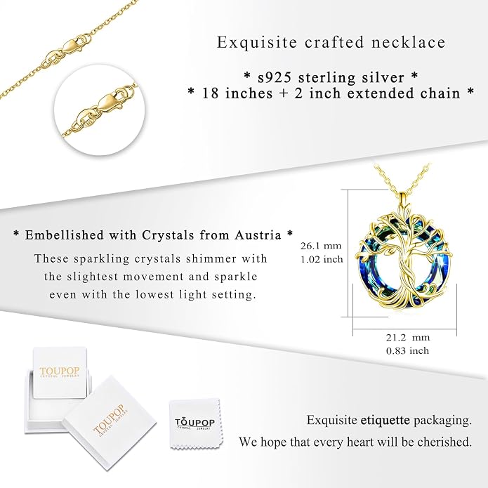TOUPOP Tree of Life Necklace Gifts for Women 925 Sterling Silver Family Tree Pendant with Crystal Birthday Irish Jewelry Gifts for Women Her Wife Mom