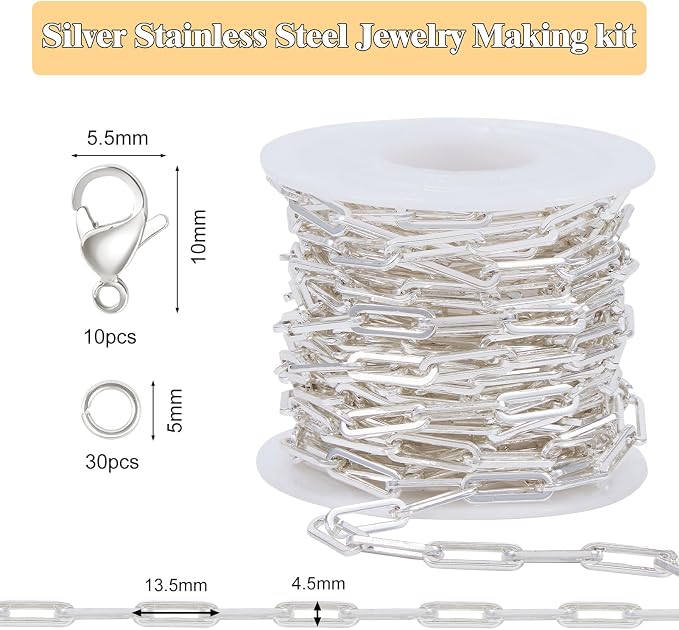GTVOODX Chunky Paperclip Chain Roll Silver 4 Meters Stainless Steel Handmade Paper Clip Link Chains Spool Bulk for Women Jewelry Making with Lobster Clasps Jump Rings