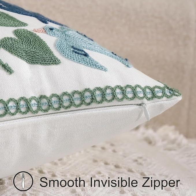 Embroidered Throw Pillow Covers 20x20 Pack of 2 Green and Navy Blue Leaves with Birds Pillow Covers Floral Tufted Pillowcases Summer Decorative Coastal Pillow Cushion Cases