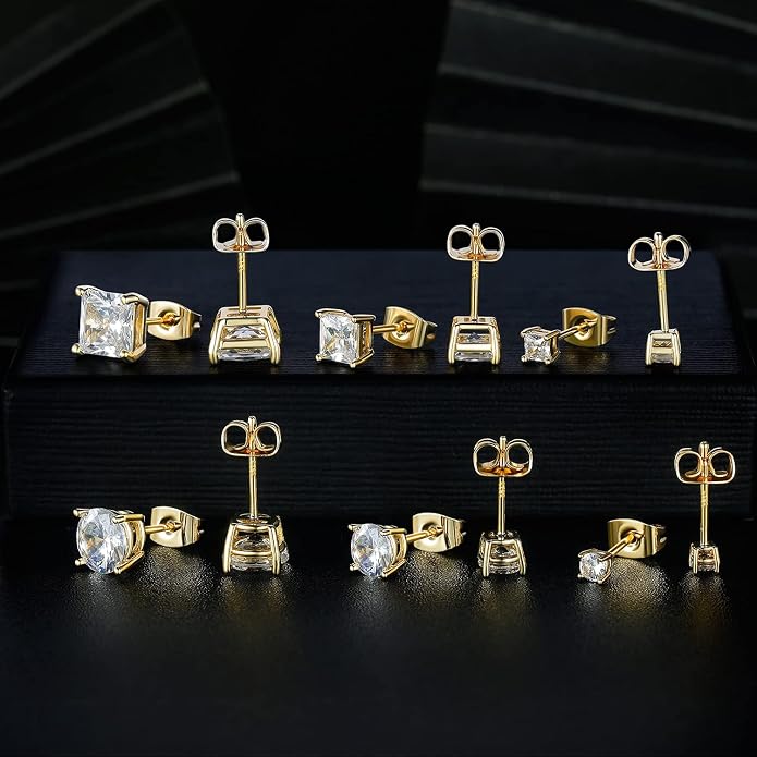 MDFUN 6 Pairs Stud Earrings Set 3mm/5mm/7mm Princess & Round Cubic Zirconia Earrings Hypoallergenic 316L Surgical Stainless Steel CZ Earrings for Women Men