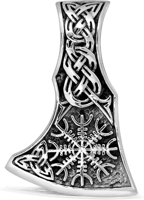 WithLoveSilver 925 Sterling Silver Viking Axe Amulet Slavic Celtic Triquetra Mjolnir Helm of Awe Double Sided Pendant