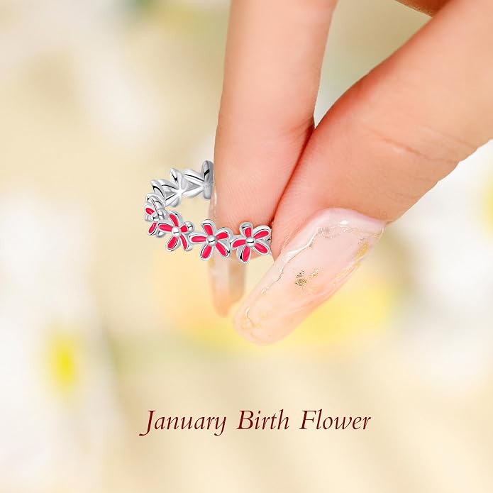 S925 Sterling Silver Dainty Daisy Flower Rings for Women, I Think Of You Every Daisy, 12 Month Birth Flower Ring