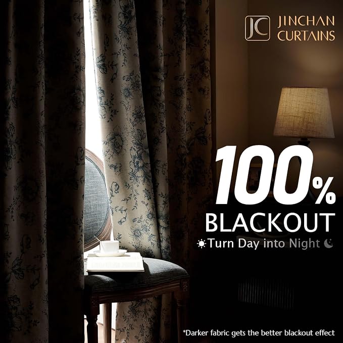 jinchan Blue Floral Linen Blackout Curtains Lined 63 Inch Back Tab 2 Panels | Blackout lining, room darkening drapes, farmhouse, vintage, cottagecore, rustic, bedroom, living room, window treatment