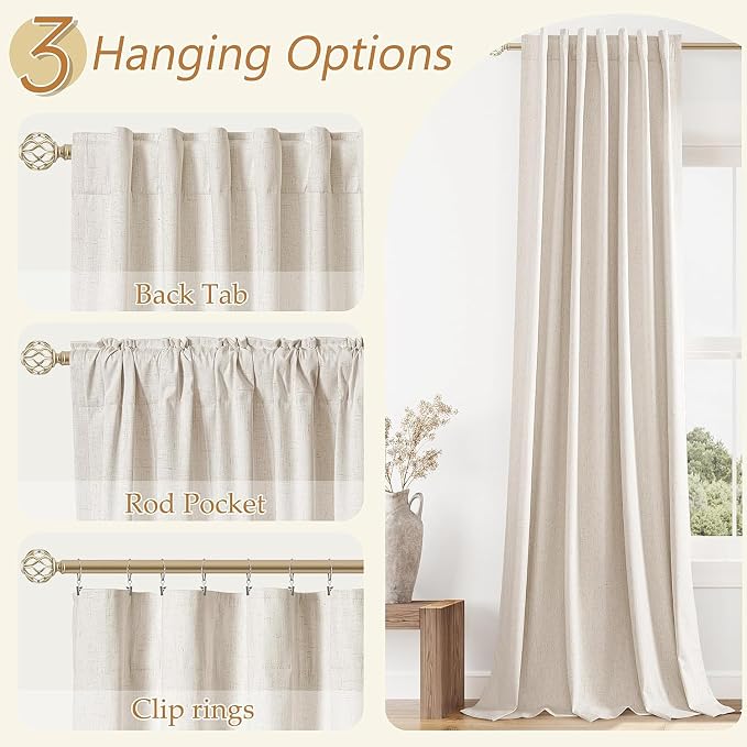Guken 100% Blackout Linen Curtains 98 Inch Long by 52 Inch Wide 2 Panels Set for Living Room Bedroom Back Tab Thermal Insulated Black Out Drapes Room Darkening Window Curtains, Linen