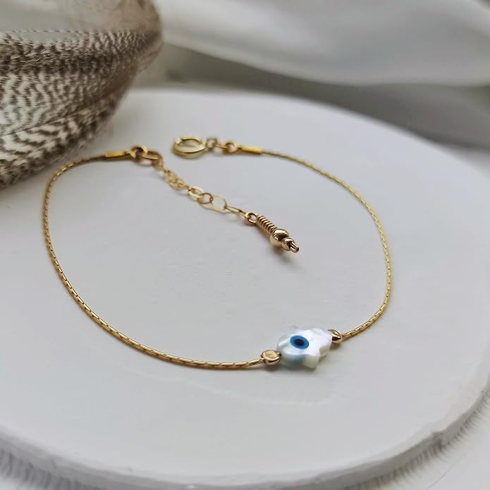 Minimalist Evil Eye Charm Bracelet – Handmade Delicate Good Luck Jewelry for Women – Adjustable 6.5” + 1” Extender