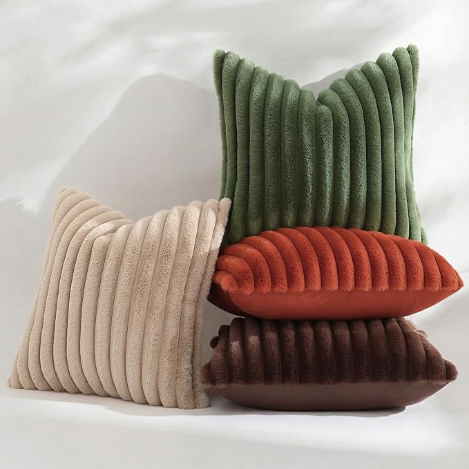 decorUhome Fall Faux Fur Throw Pillow Covers 22x22 Set of 2 Khaki Brown | Decorative Soft Cozy Striped Plush Modern Farmhouse Boho Couch Pillow Cases Velvet Back for Sofa Bed Living Room Home Decor