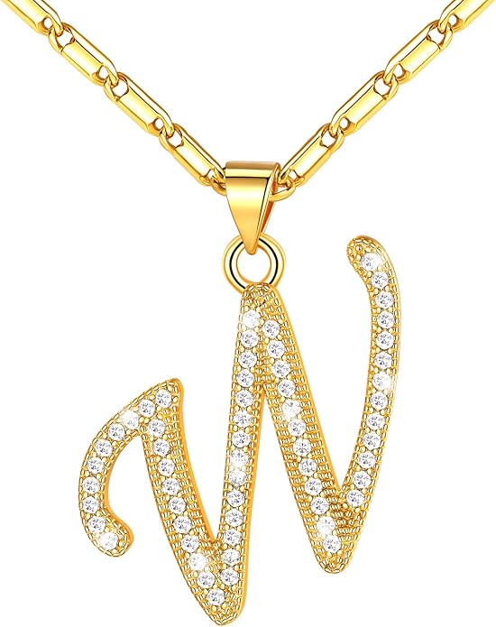 U7 Initial Necklace for Women, Gold/Platinum Plated CZ Crystal Letter A-Z Pendant Necklace, Shiny 20 Inch Name Chain Dainty Personalized Jewelry for Men Mom Wife Friend