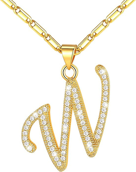 U7 Initial Necklace for Women, Gold/Platinum Plated CZ Crystal Letter A-Z Pendant Necklace, Shiny 20 Inch Name Chain Dainty Personalized Jewelry for Men Mom Wife Friend
