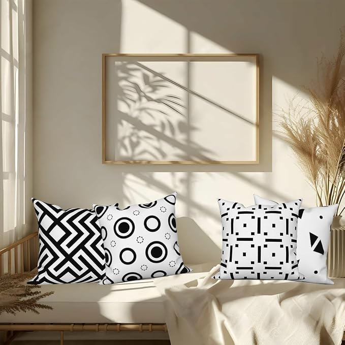Black White Geometric Throw Pillow Cover 16"x16" Set of 4, Modern Minimalist Abstract Irregular Pattern Cushion Cover for Sofa Chair Couch Bed Office Patio Farmhouse Indoor Outdoor