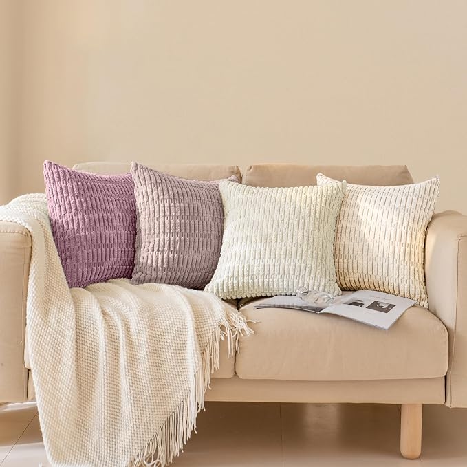 Softalker Throw Pillow Covers 16x16 Inch, Set of 4, Corduroy Soft Striped Farmhouse Boho Pillow Cover, Modern Decorative Cushion Pillow Case for Couch Sofa Bedroom Living Room, Light Pink