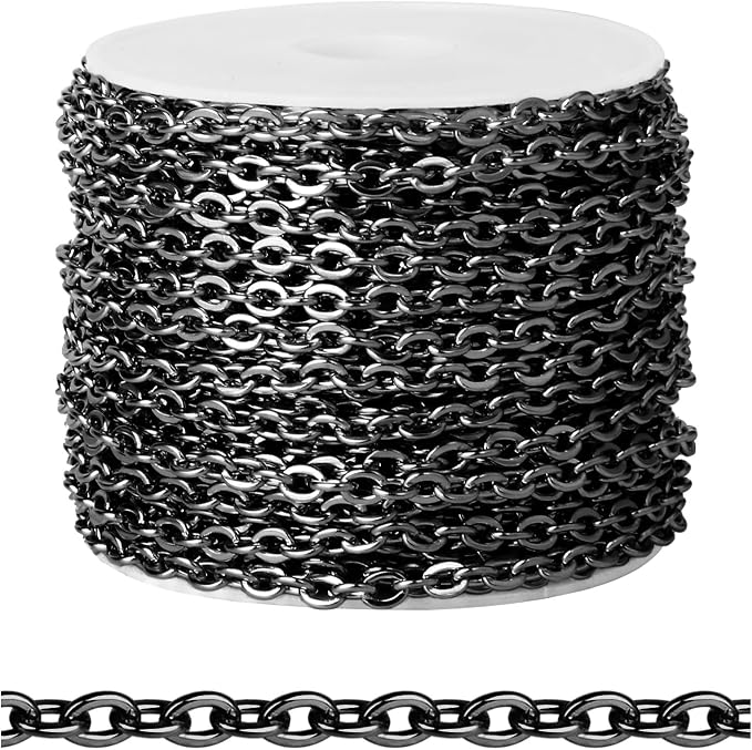 [33 FT] Black Cable Chains Bulk for Jewelry Making, 3.5mm 304 Stainless Steel Gunmetal Black Flat Cable Link Chains Roll Spool for Jewelry Making DIY Craft