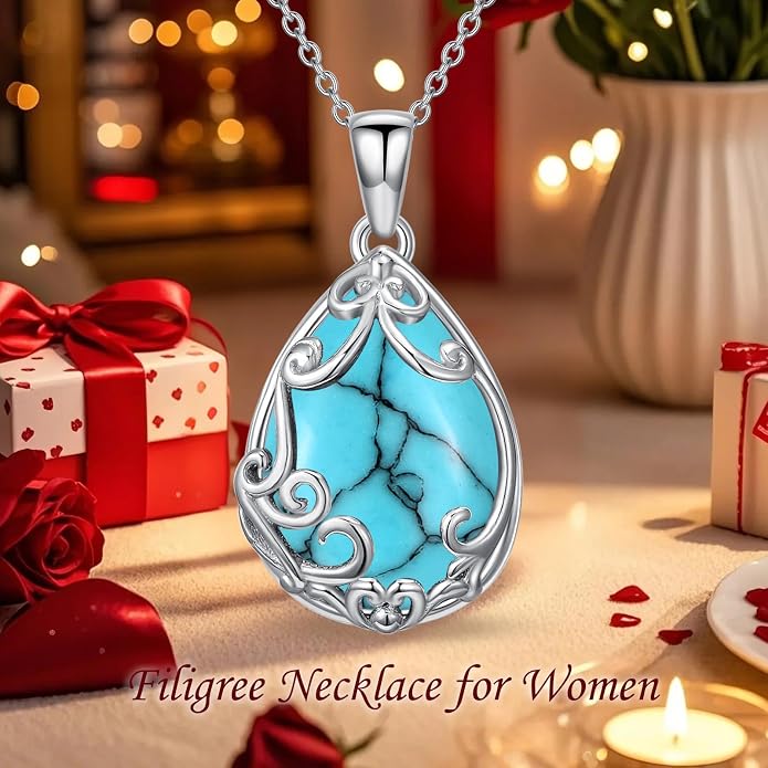 HPQQ Teardrop Necklace 925 Sterling Silver Filigree Gemstone Pendant Necklace Fine Jewelry Birthday Mother's Day Gifts for Women Her Mom