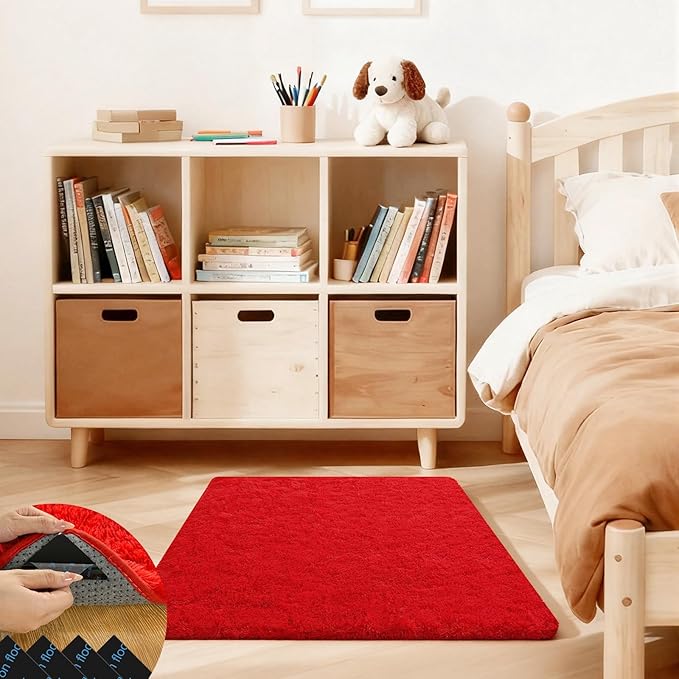 Red Rugs for Bedroom, 2x3 Fluffy Area Rugs for Living Room, Small Fuzzy Shag Soft Carpet with 4 Non-Slip Adhesive Strips for Kids Boys and Girls Nursery Dorm Room Home Decor (2ft X 3ft, Red)