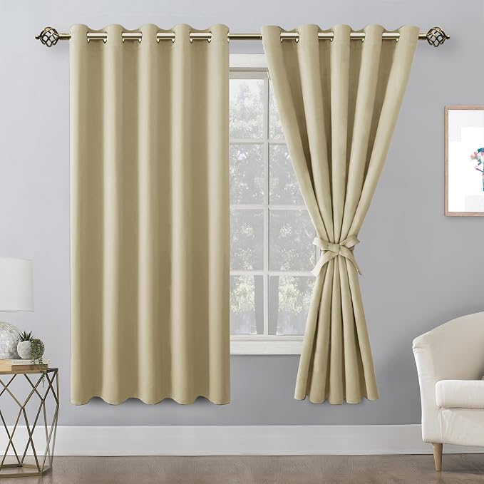 Hiasan Blackout Curtains for Bedroom, 60 x 63 Inches Length - Thermal Insulated & Light Blocking Window Curtains for Living Room, 2 Drape Panels Sewn with Tiebacks, Light Beige