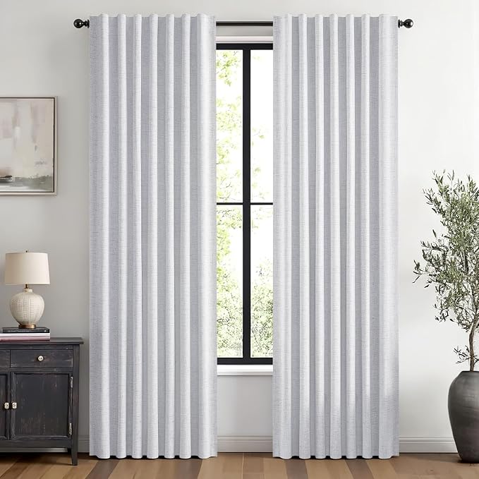 MIULEE 100% Blackout Linen Curtains 42 x 84 Inch Grayish White 2 Panels | Thermal Insulated, Room Darkening Drapes for Bedroom Living Room, Back Tab Rod Pocket Pinch Pleated, Solid Luxury Decor