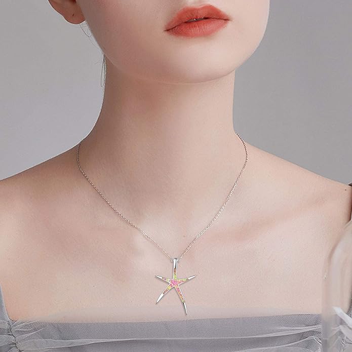 Cuoka Starfish Necklace, 925 Sterling Silver with Opal, Hawaiian Beach Nautical Ocean Pendant, Starfish Jewelry Opal Jewelry Valentine for Women Girlfriend
