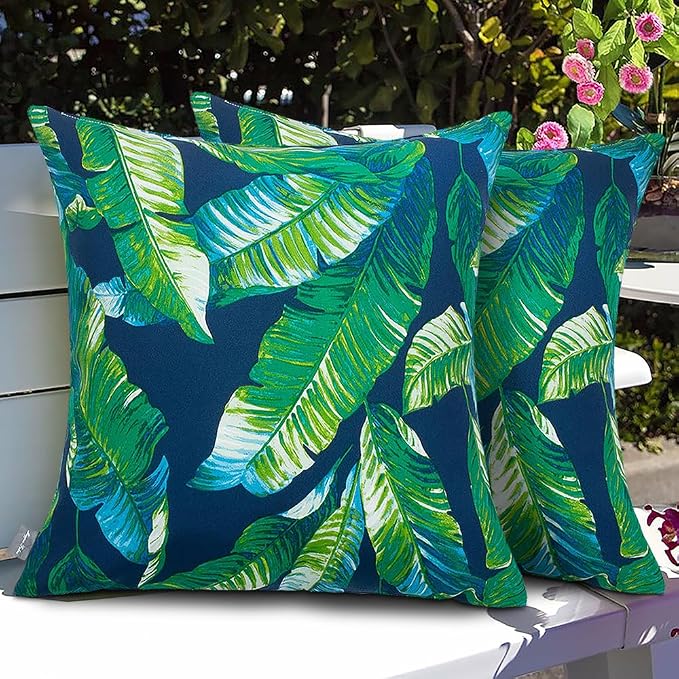 Magpie Fabrics Patio Pillow with Insert 18"x18", Set of 2, Fade-Resistant Outdoor Indoor Cushion Decorative Throw Pillow Decoration for Couch Garden Furniture - Green Lagoon Leaves