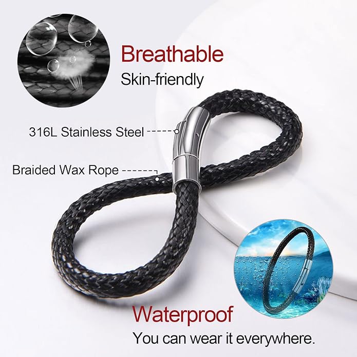 FOCALOOK Braided Leather Bracelets for Men, Black/Brown Stainless Steel Engraved Inspirational Bangle Cuff Bracelet with Clasp, Valentines Day Gifts for Him Husband Friends